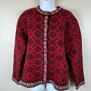 Vintage LL Bean Nordic Fair Isle Cardigan Womens Large Red & Black Merino Wool
